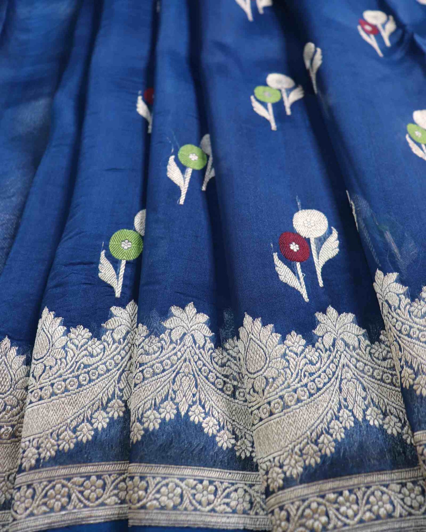 Navy Blue Pure Handloom Kora Silk Banarasi Saree