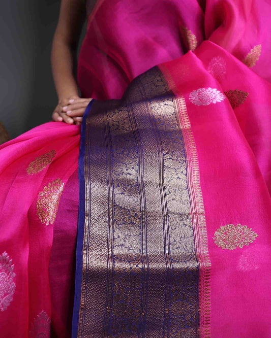 Rani Pink Pure Handloom Organza Silk Banarasi Saree