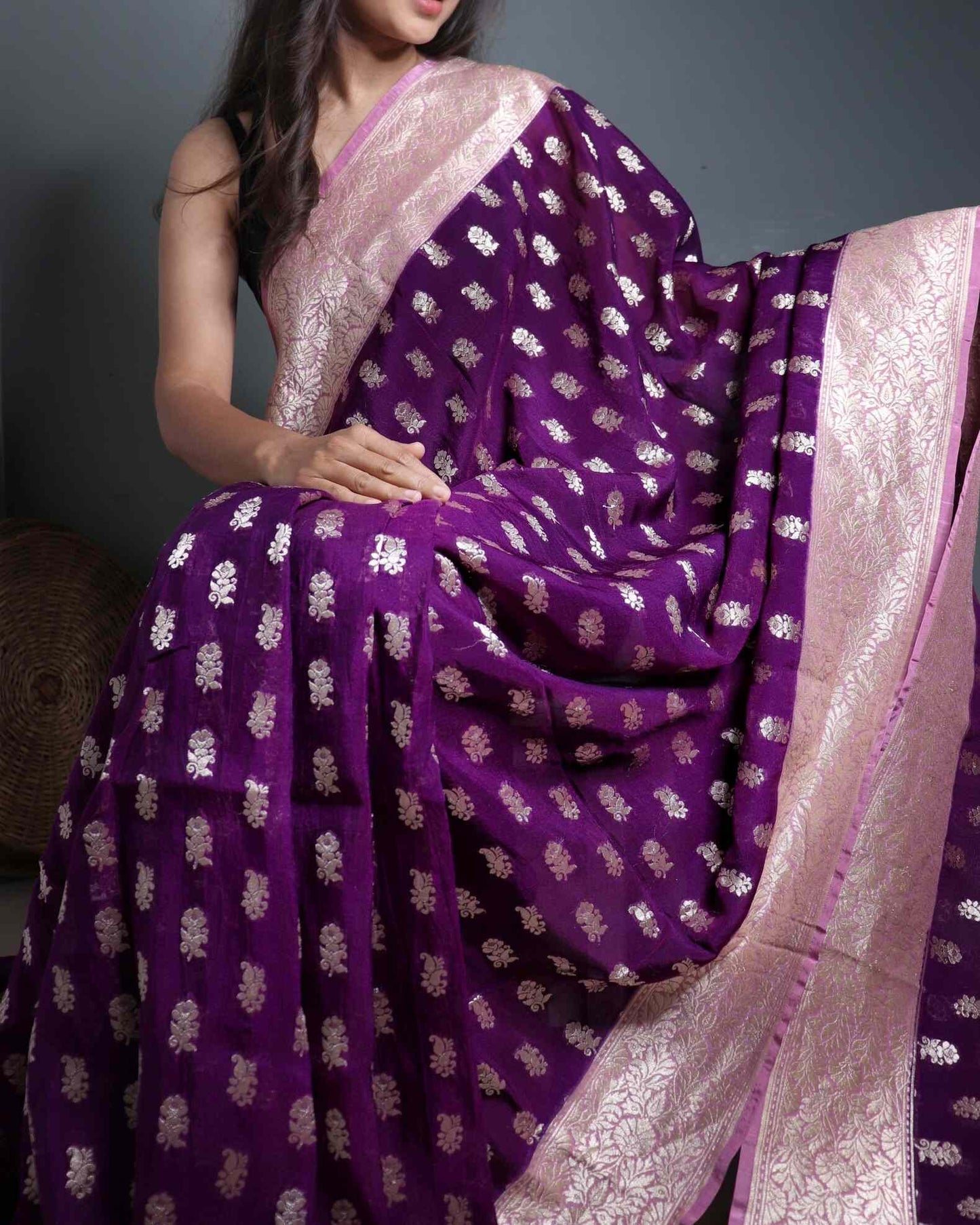 Deep Purple Khadi Georgette Butta Saree