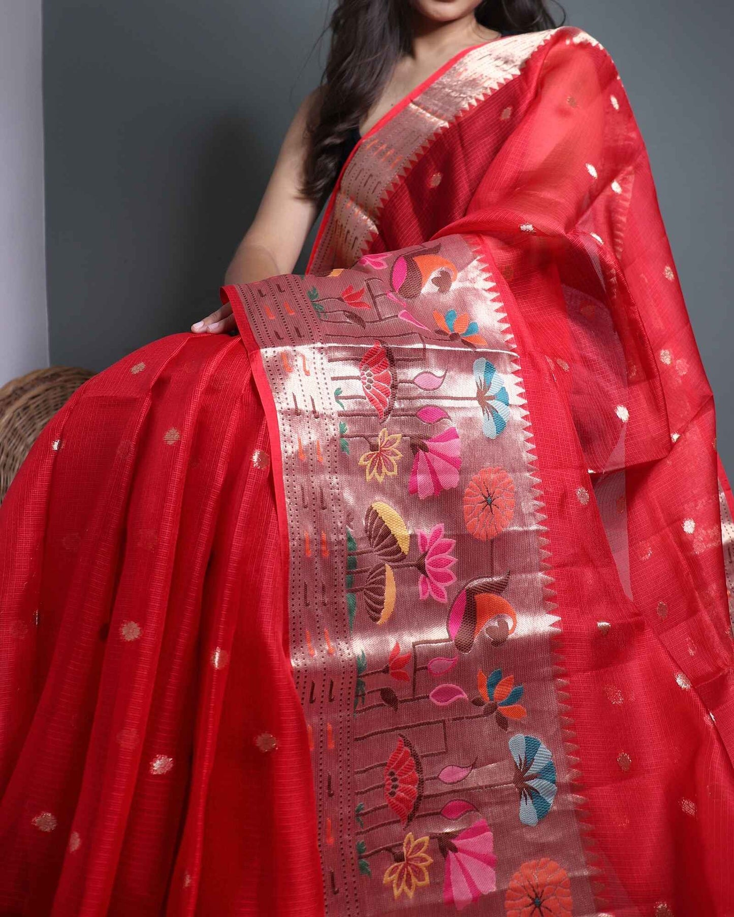 Red Pure Kota Silk Banarasi Paithni Saree