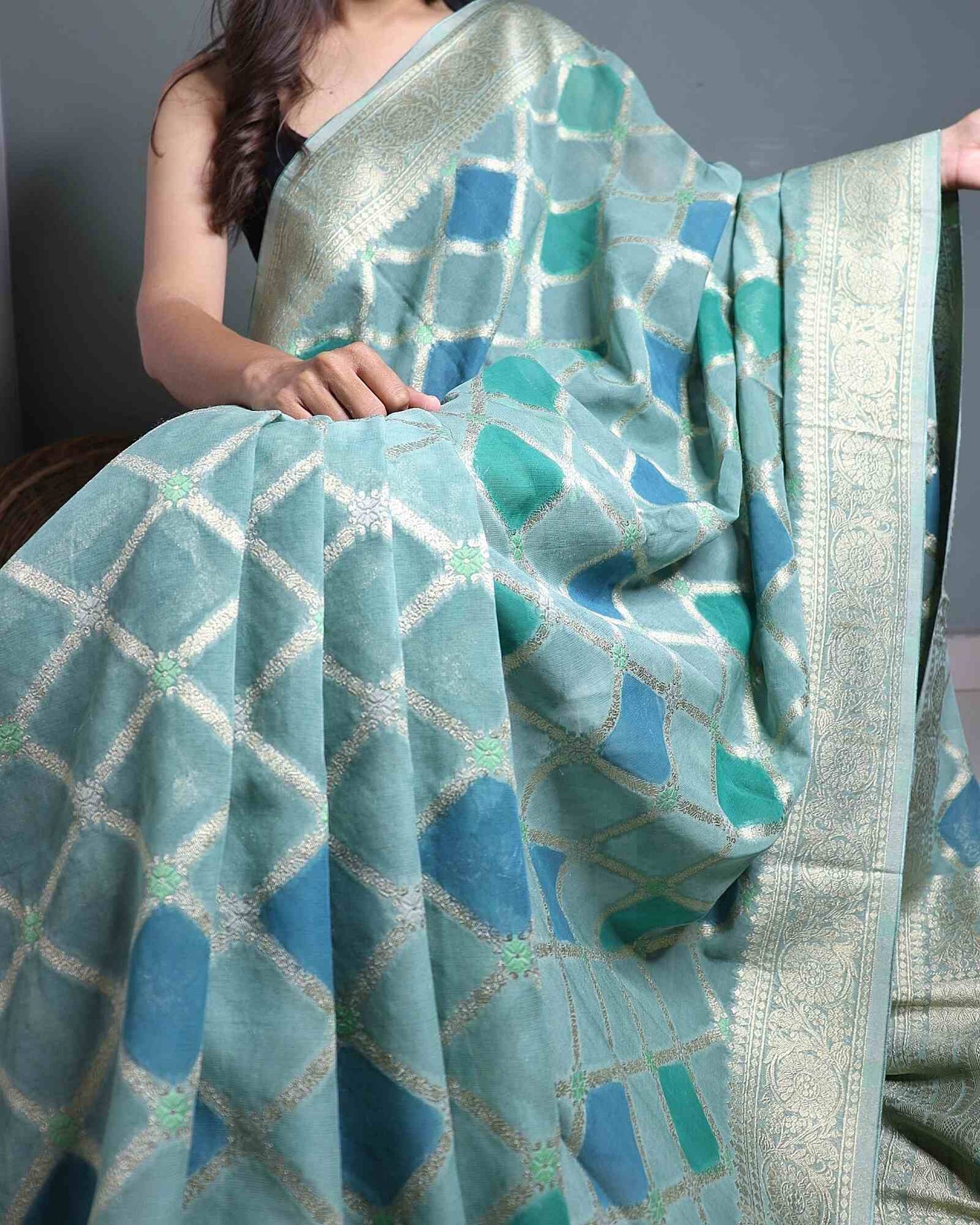 Green and Blue Rangkaat Khadi Georgette