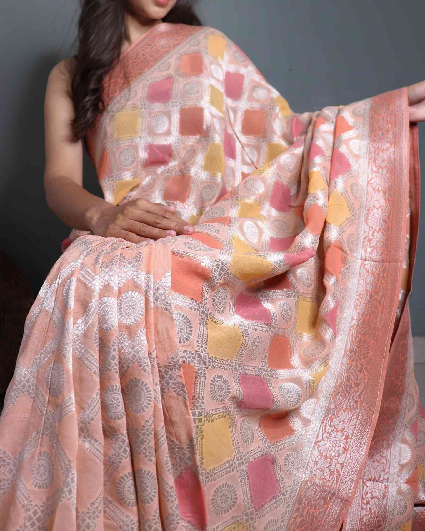 Peach and Yellow Rangkaat Khadi Georgette
