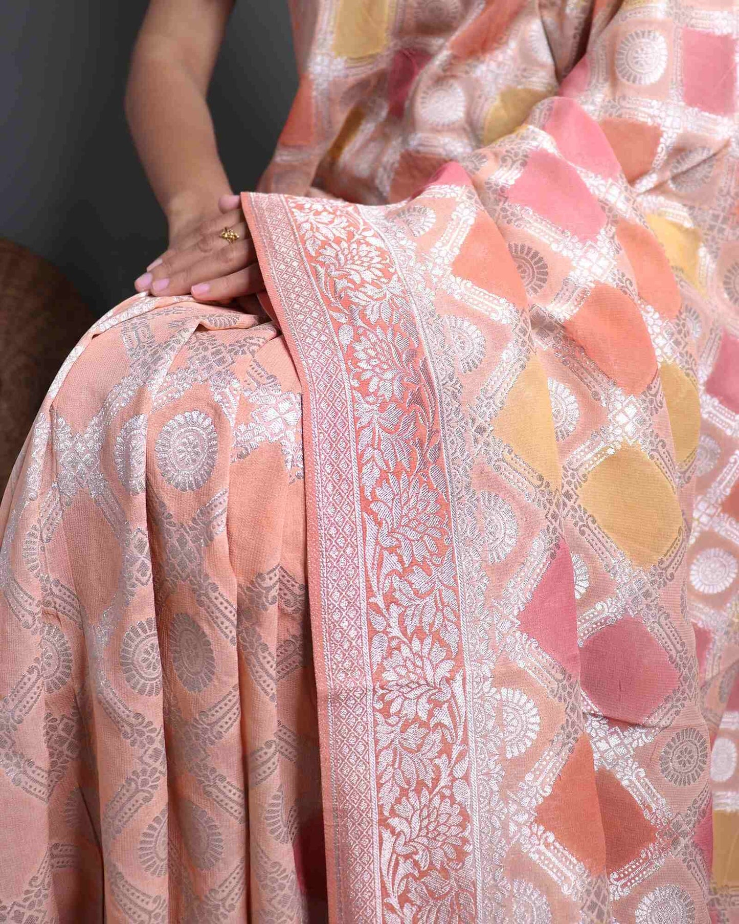 Peach and Yellow Rangkaat Khadi Georgette