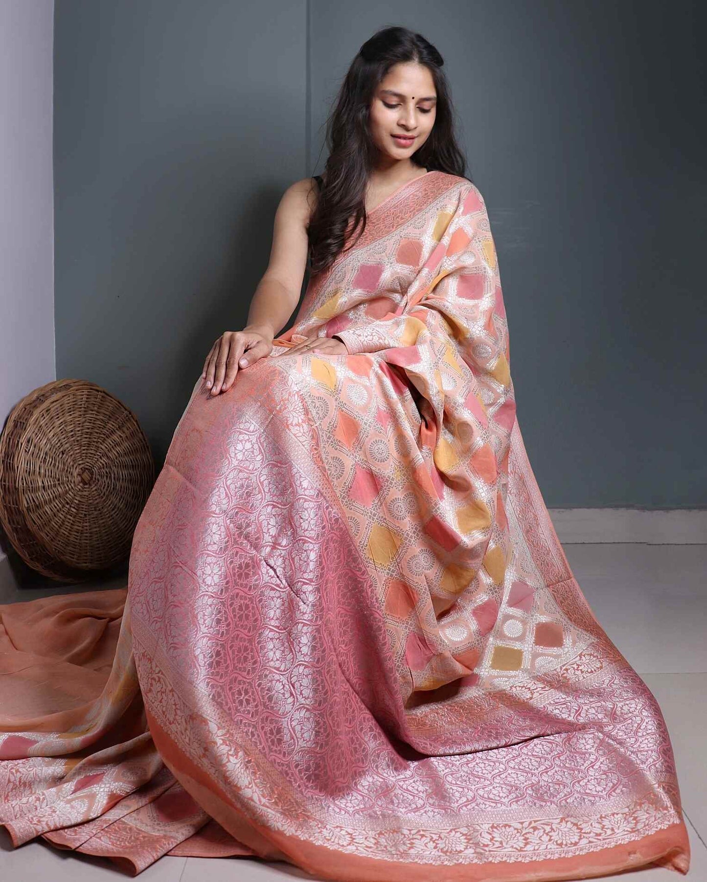 Peach and Yellow Rangkaat Khadi Georgette