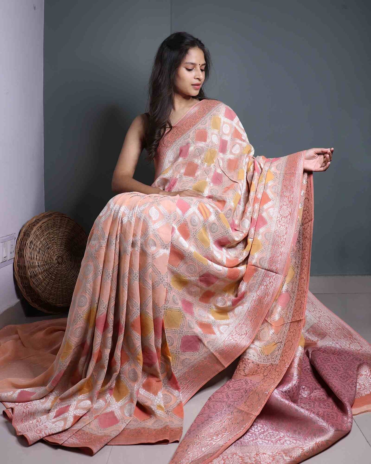 Peach and Yellow Rangkaat Khadi Georgette
