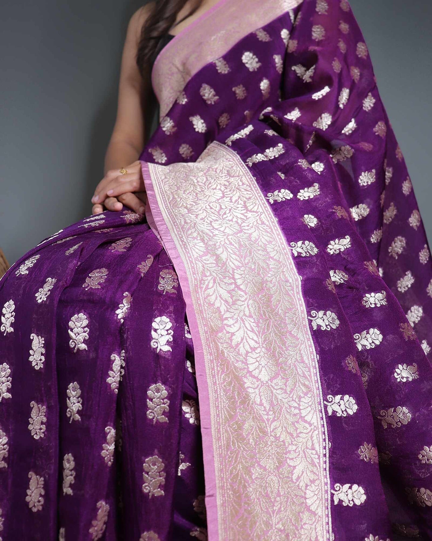 Deep Purple Khadi Georgette Butta Saree