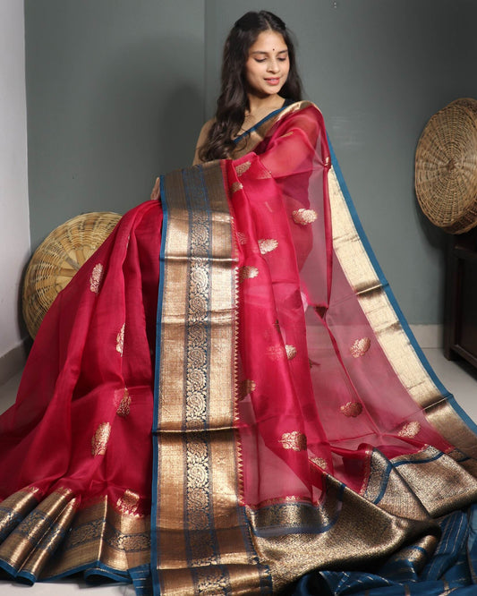 Maroon Pure Handloom Kora Silk Banarasi Saree