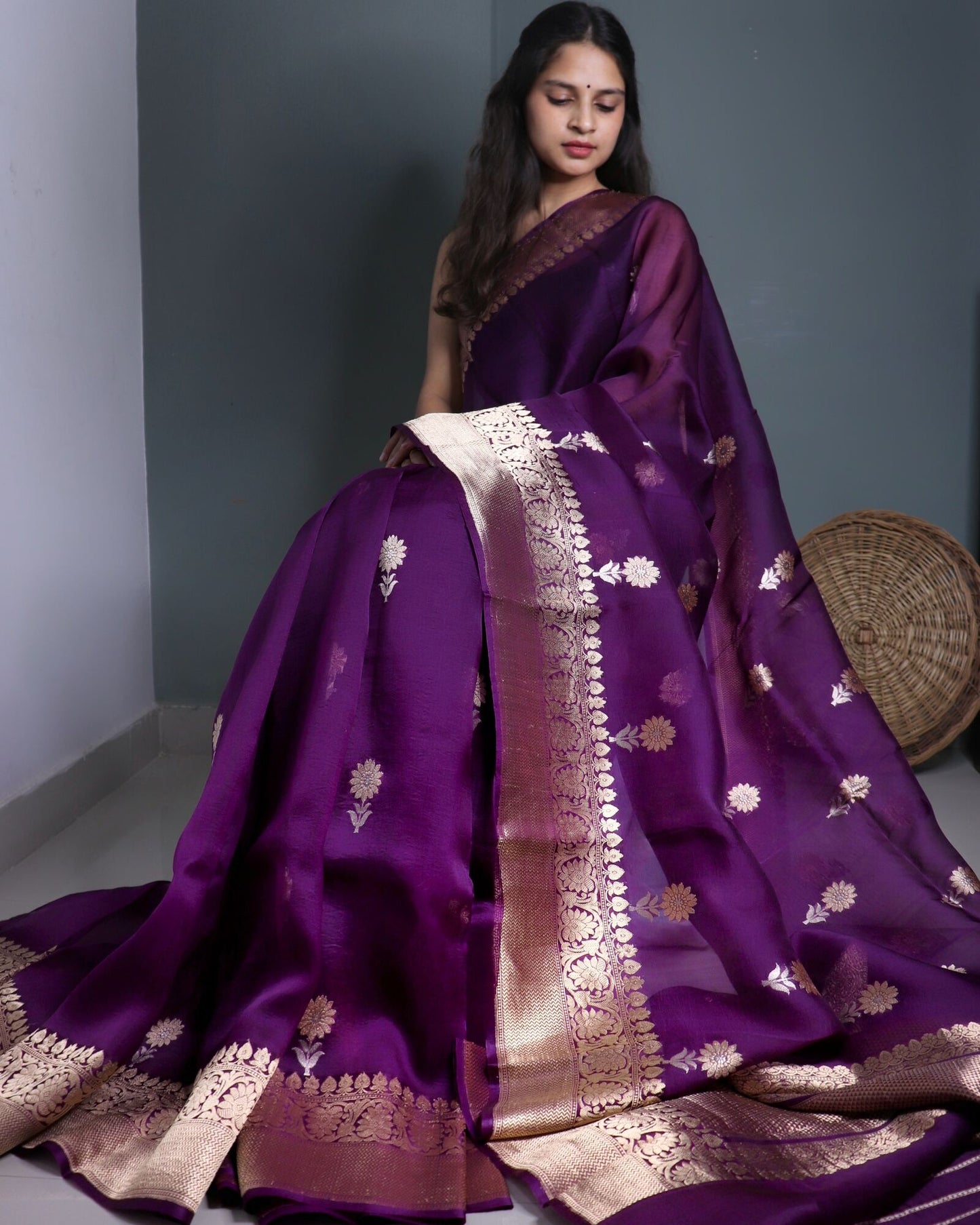 Deep Purple Pure Handloom Organza Silk Banarasi Saree