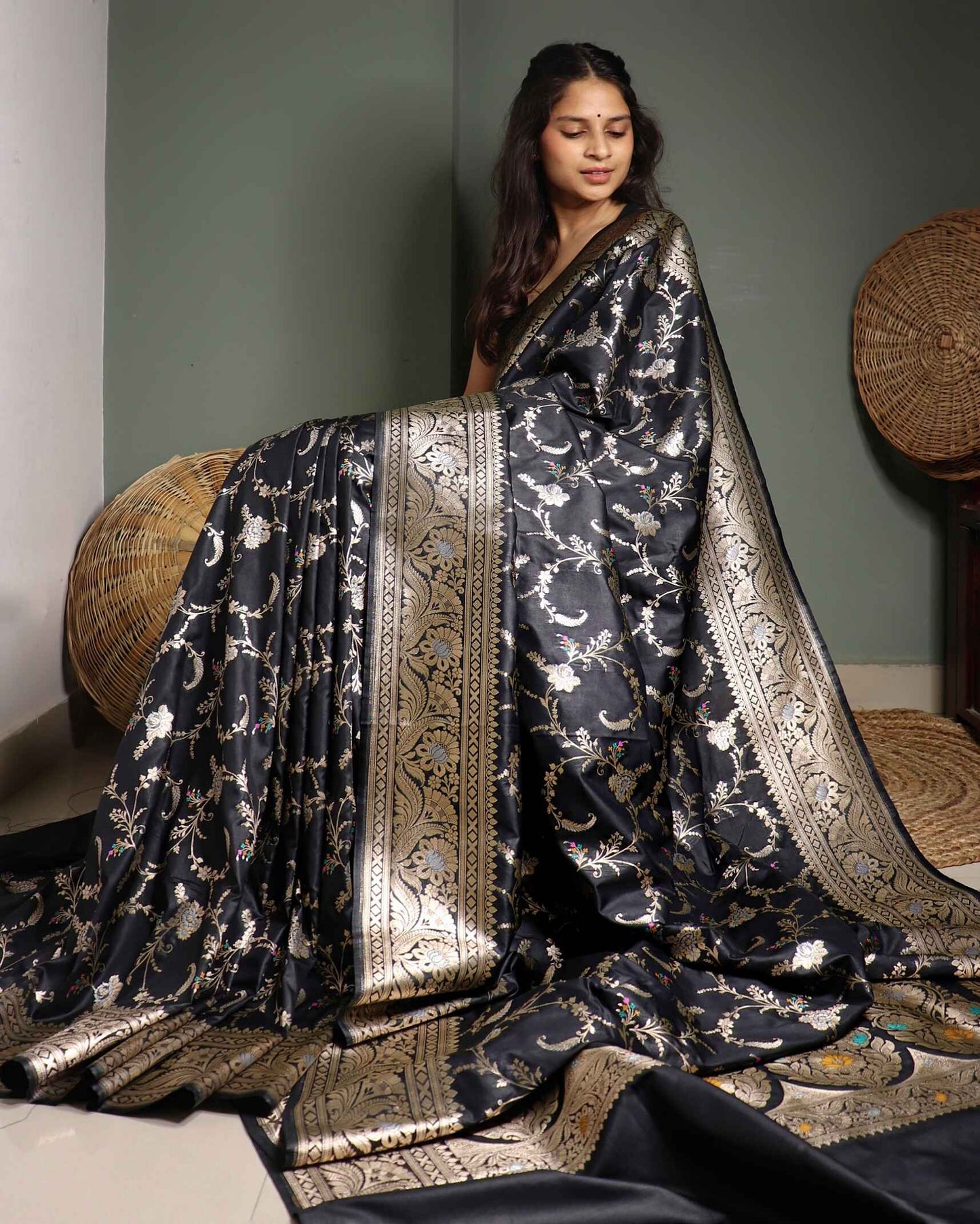 Black Semi Katan Silk Banarasi Saree