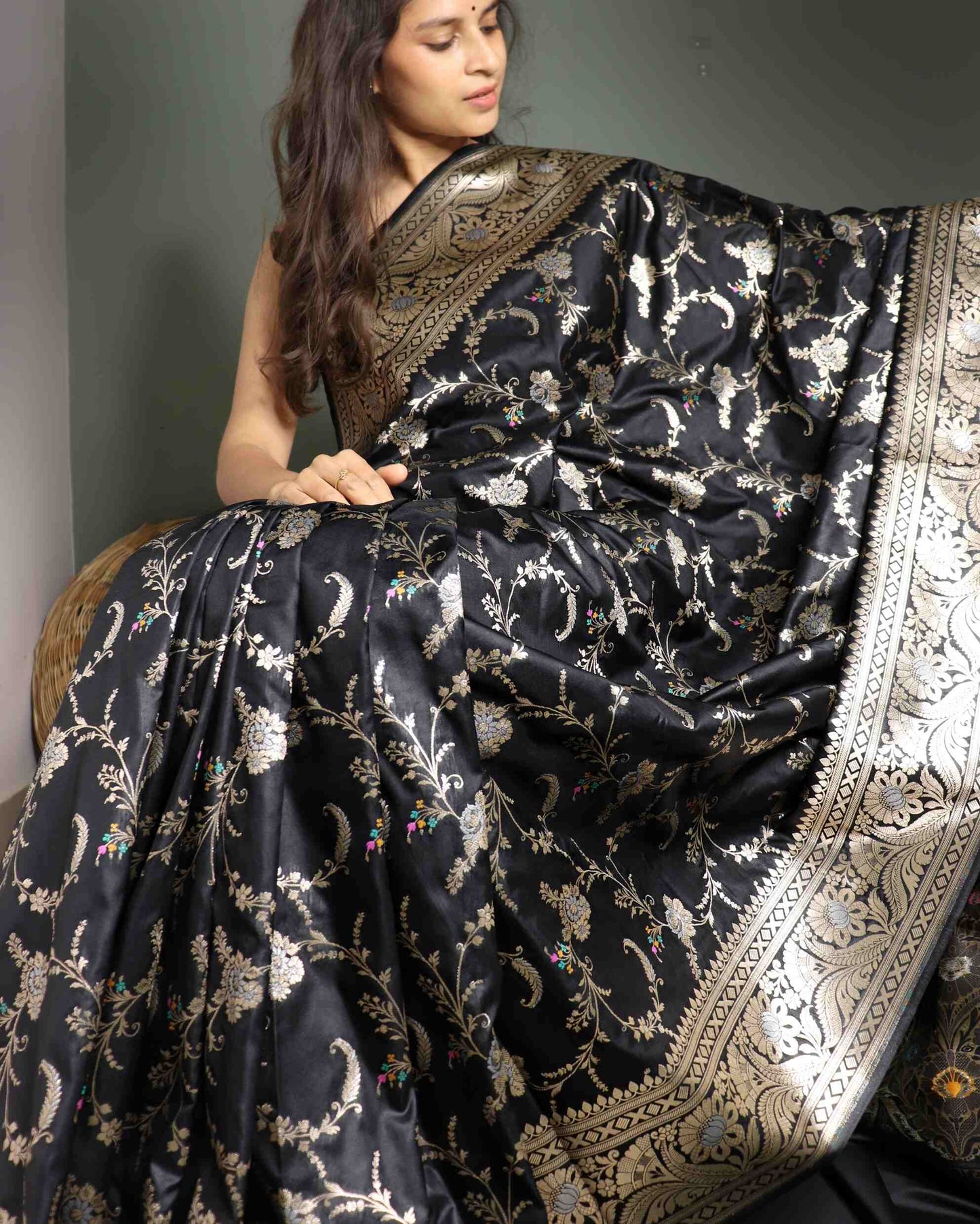Black Semi Katan Silk Banarasi Saree