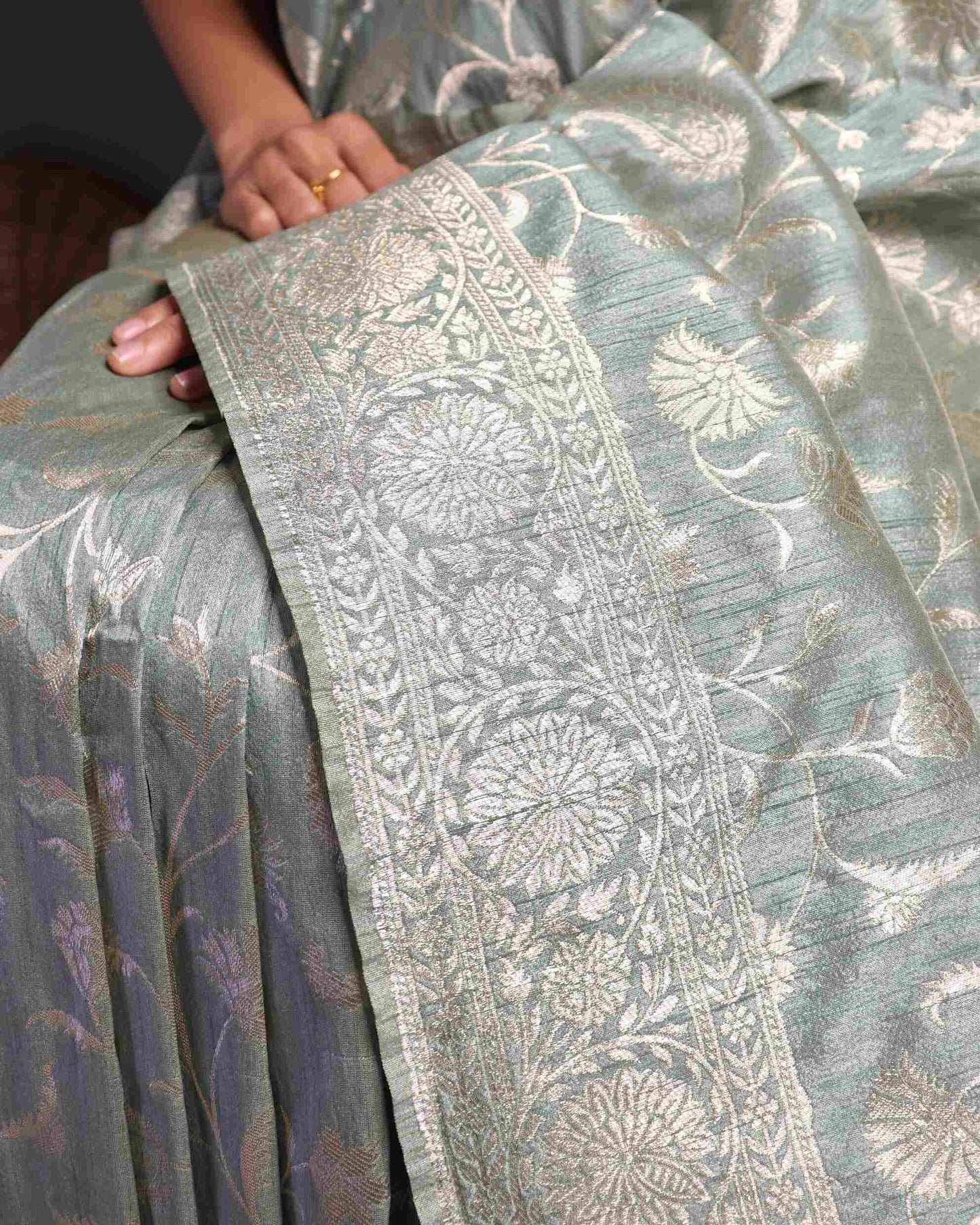 Grey Semi Tussar Silk Banarasi Saree