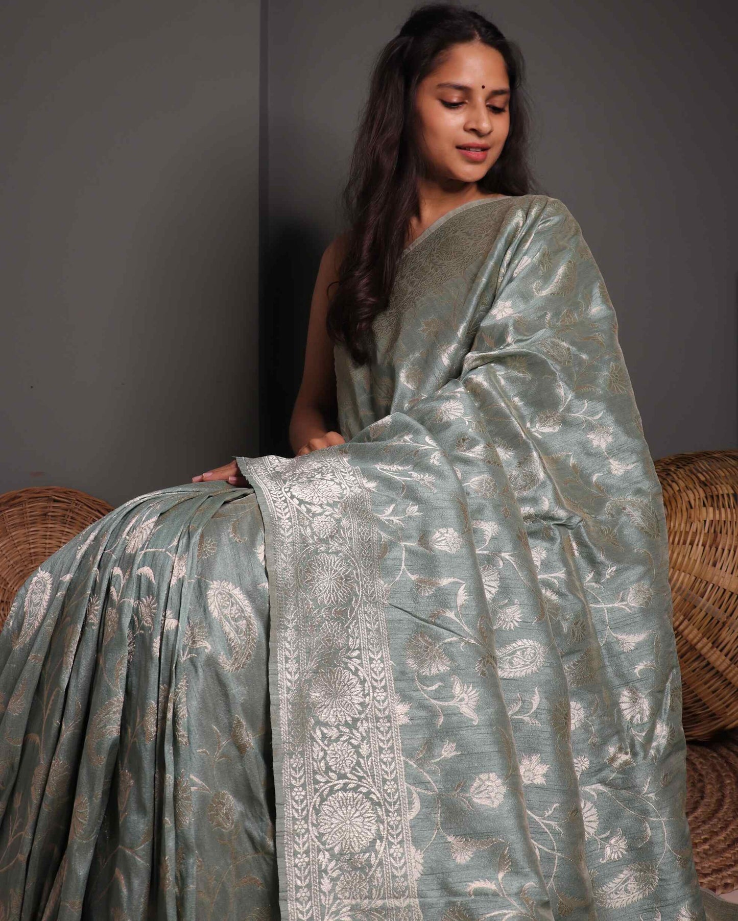 Grey Semi Tussar Silk Banarasi Saree