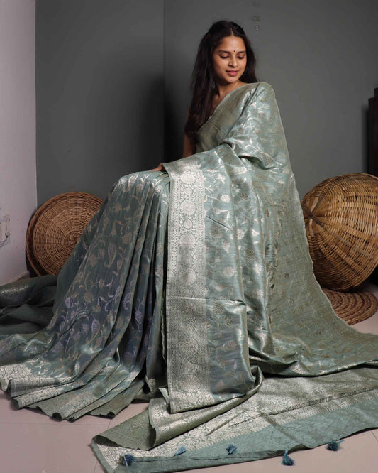 Grey Semi Tussar Silk Banarasi Saree