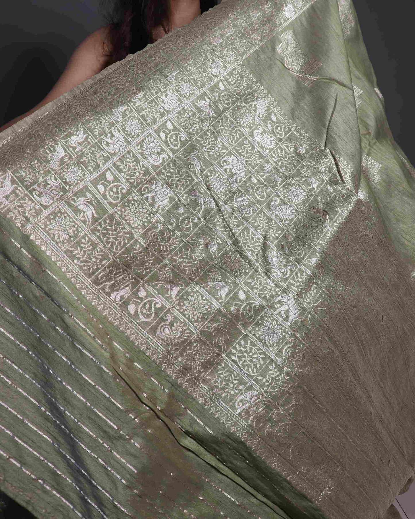 Olive Tussar Silk Banarasi Saree