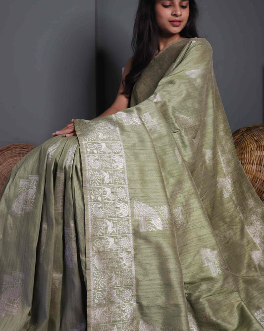 Olive Tussar Silk Banarasi Saree