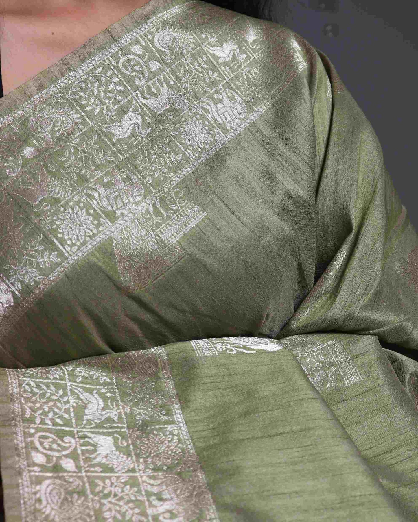Olive Tussar Silk Banarasi Saree