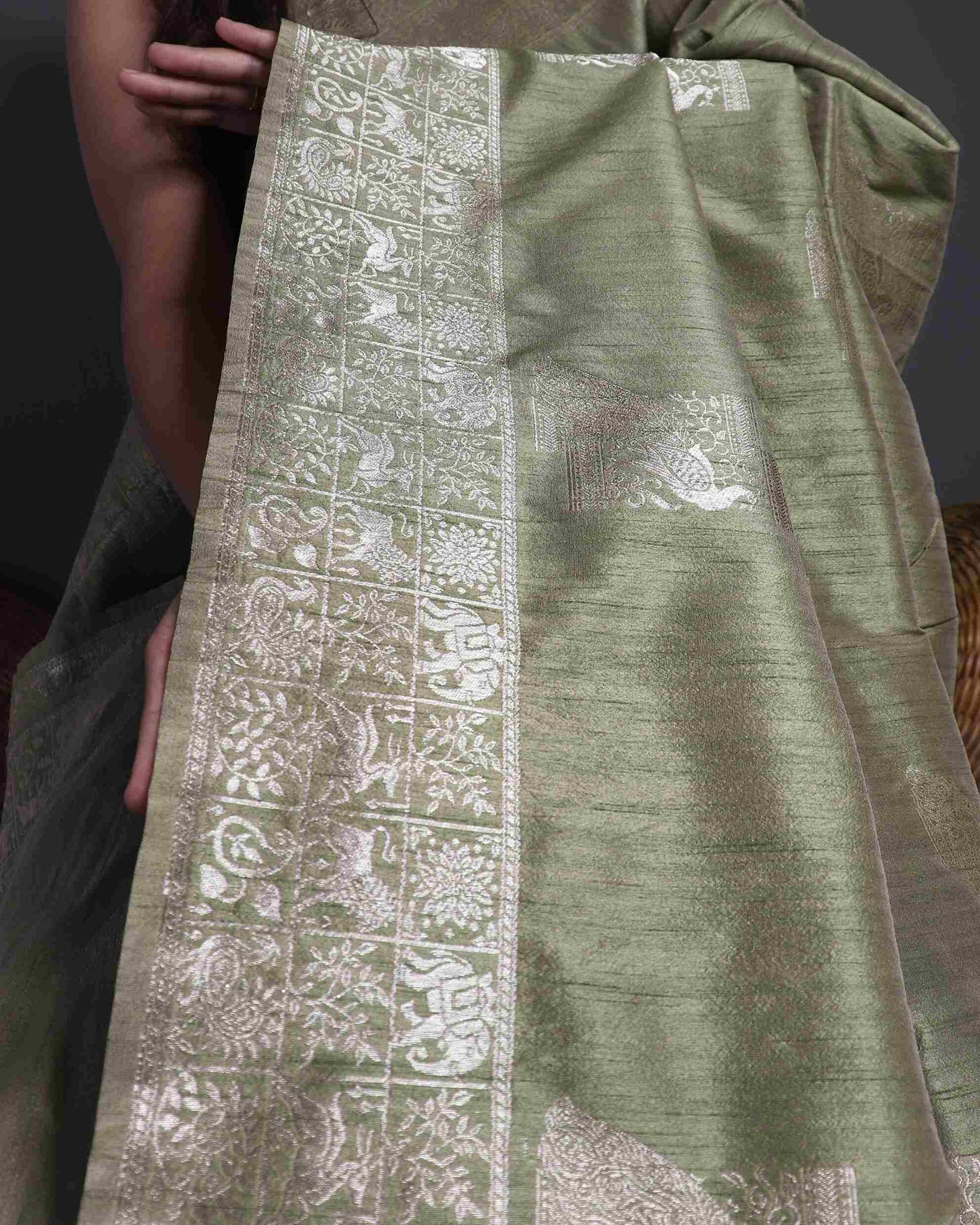Olive Tussar Silk Banarasi Saree