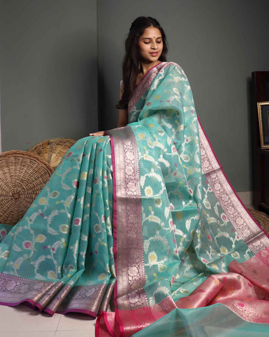 Sea Green Kota Silk Banarasi Saree