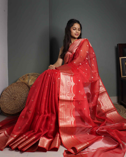 Cherry Red Kota Silk Banarasi Saree