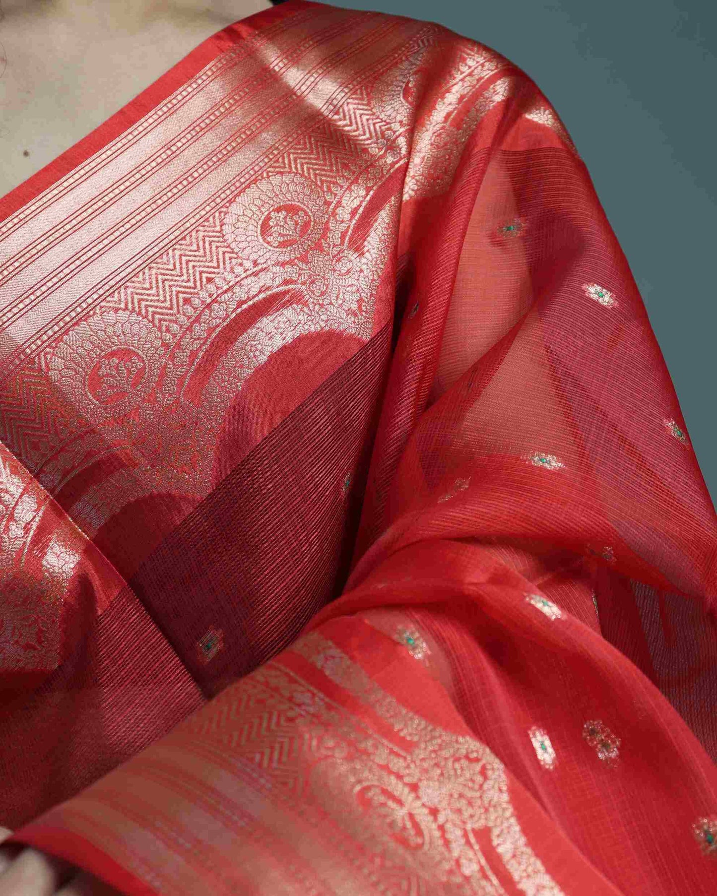 Cherry Red Kota Silk Banarasi Saree