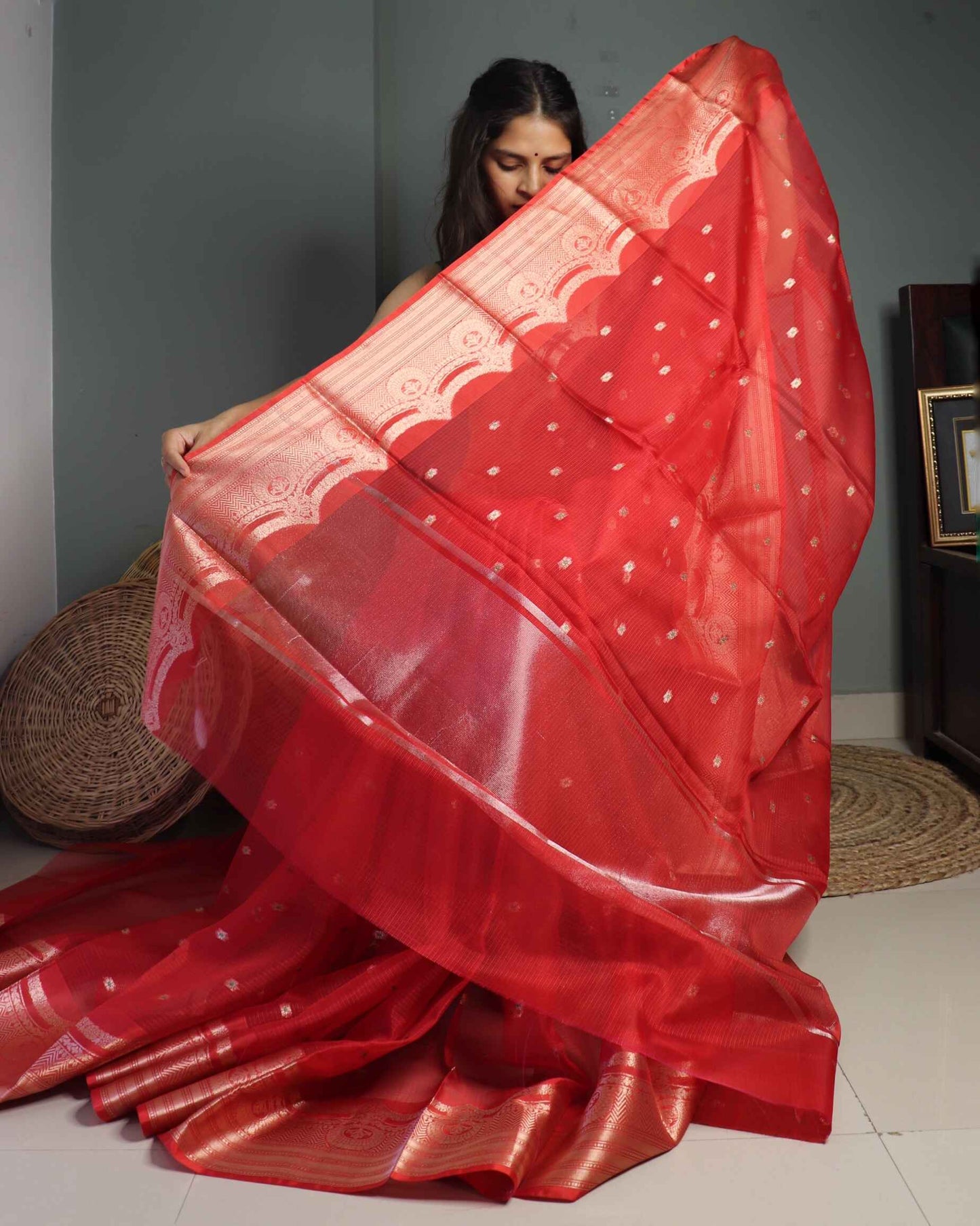 Cherry Red Kota Silk Banarasi Saree