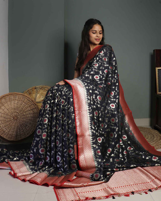 Black Semi Muga Silk Saree
