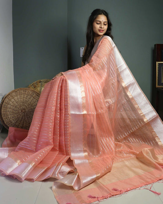 Peach Linen Striped Banarasi Saree