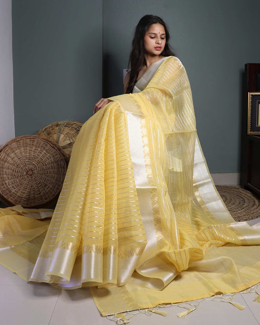Yellow linen Striped Banarasi Saree