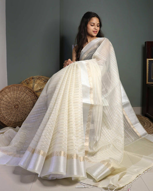 Off White Linen Striped Banarasi  Saree