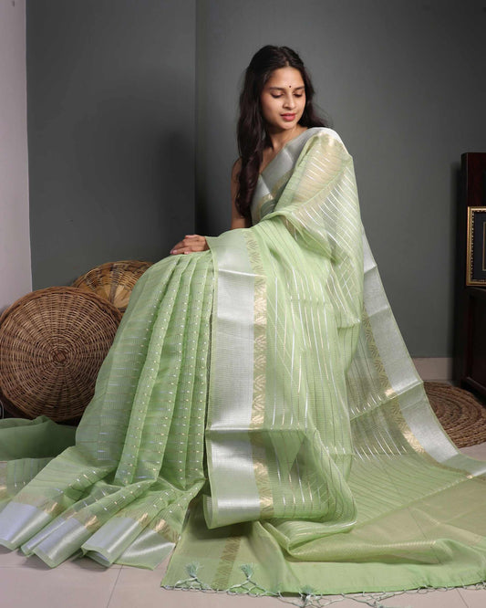 Green Linen Striped Banarasi Saree