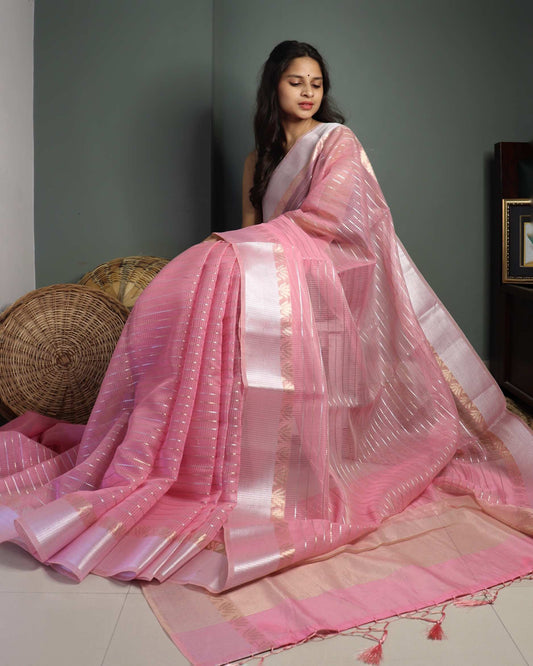 Baby Pink linen Striped Banarasi Saree