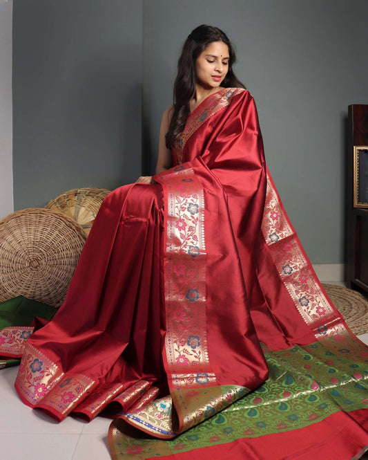 Red and Green Banarasi Silk Saree