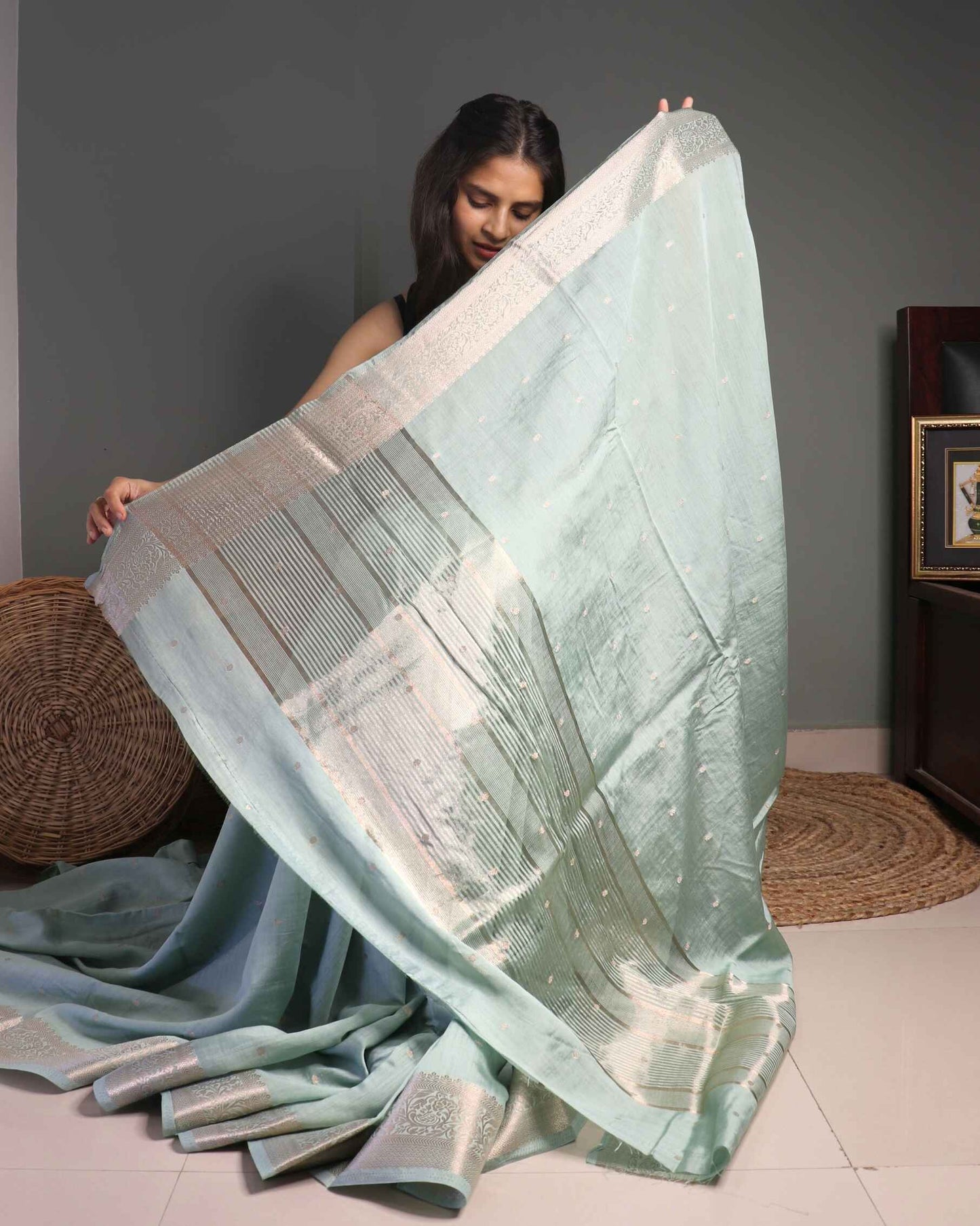 Turquoise Cotton Silk Banarasi Saree
