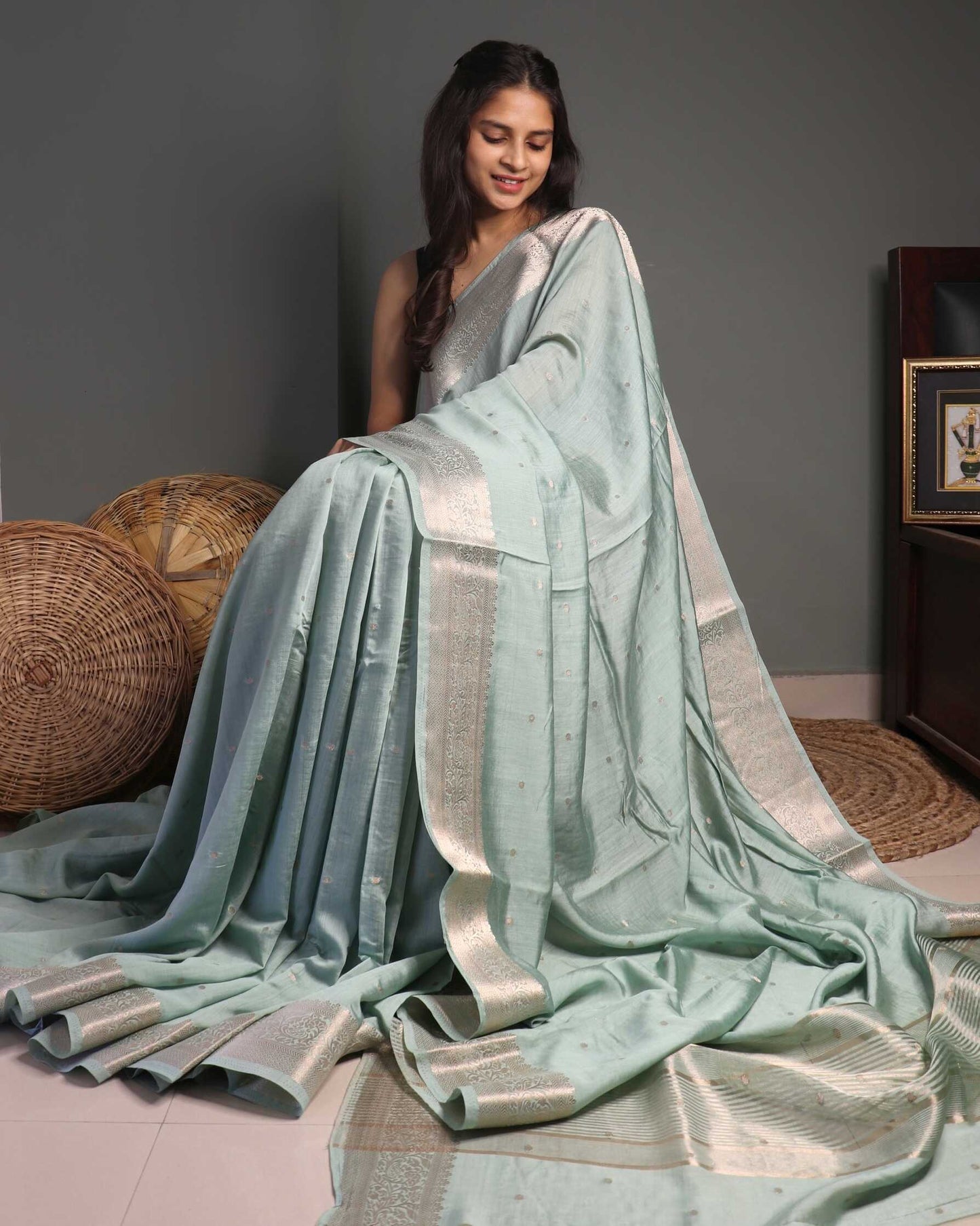 Turquoise Cotton Silk Banarasi Saree