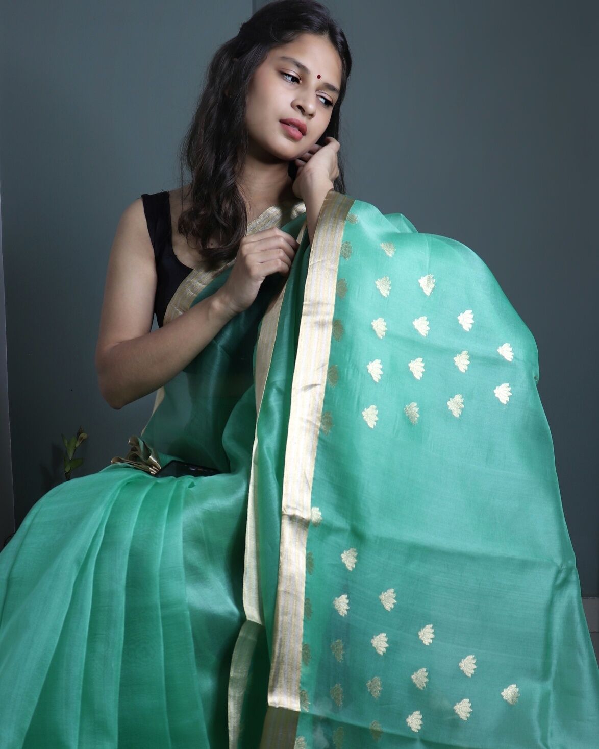 Emerald Green Pure Handloom Kora Silk Banarasi Saree