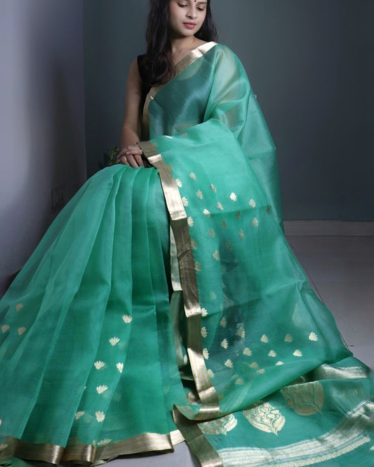 Emerald Green Pure Handloom Kora Silk Banarasi Saree