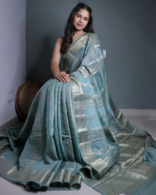 Pastel Blue Pure Chanderi Silk Banarasi Saree