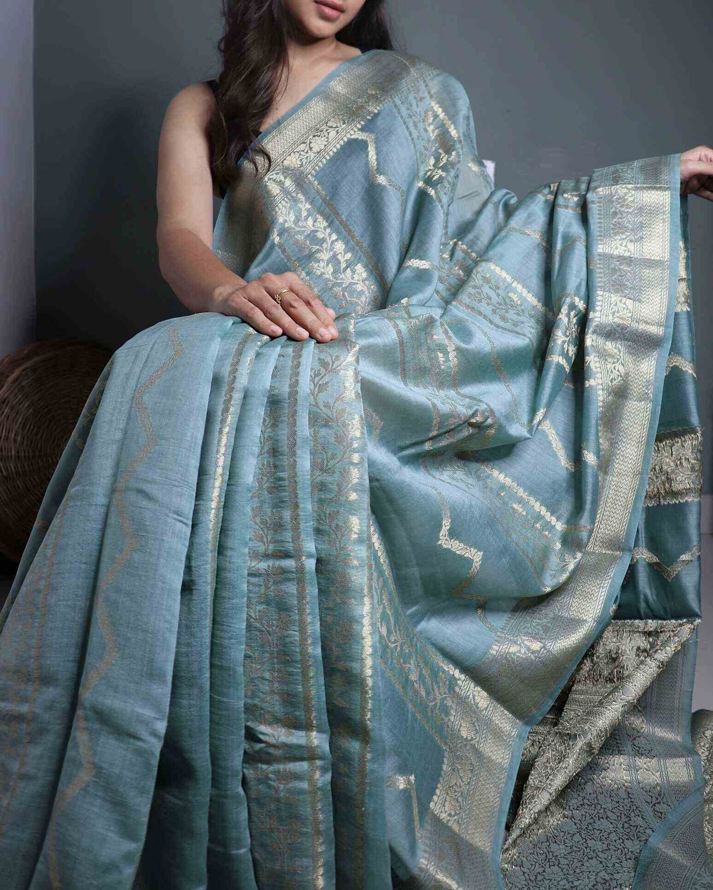 Pastel Blue Pure Chanderi Silk Banarasi Saree