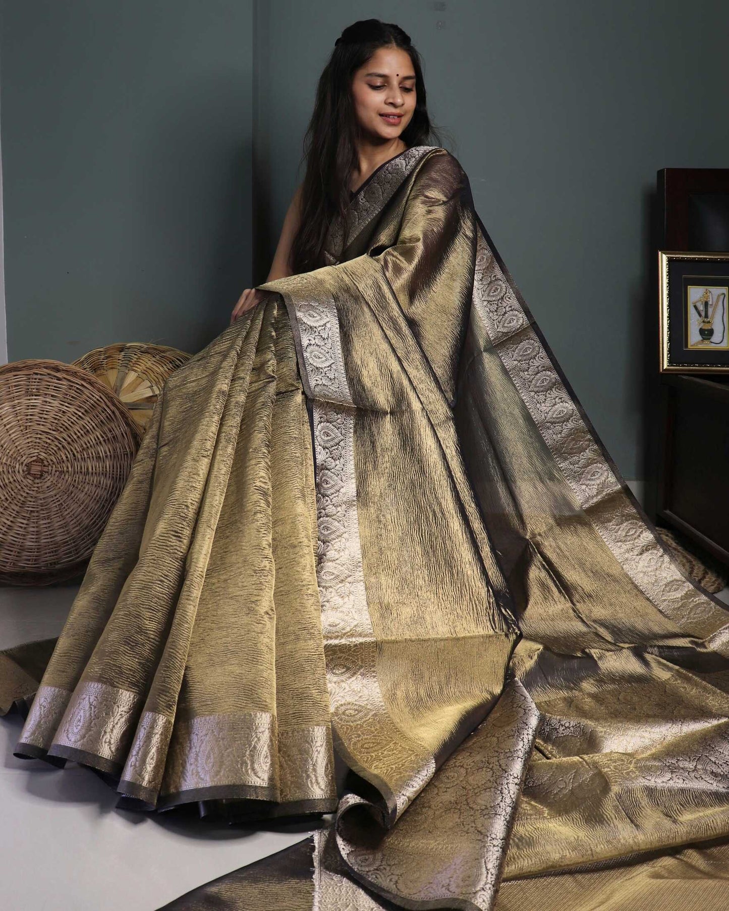 Olive Tissue Silk Banarasi Saree