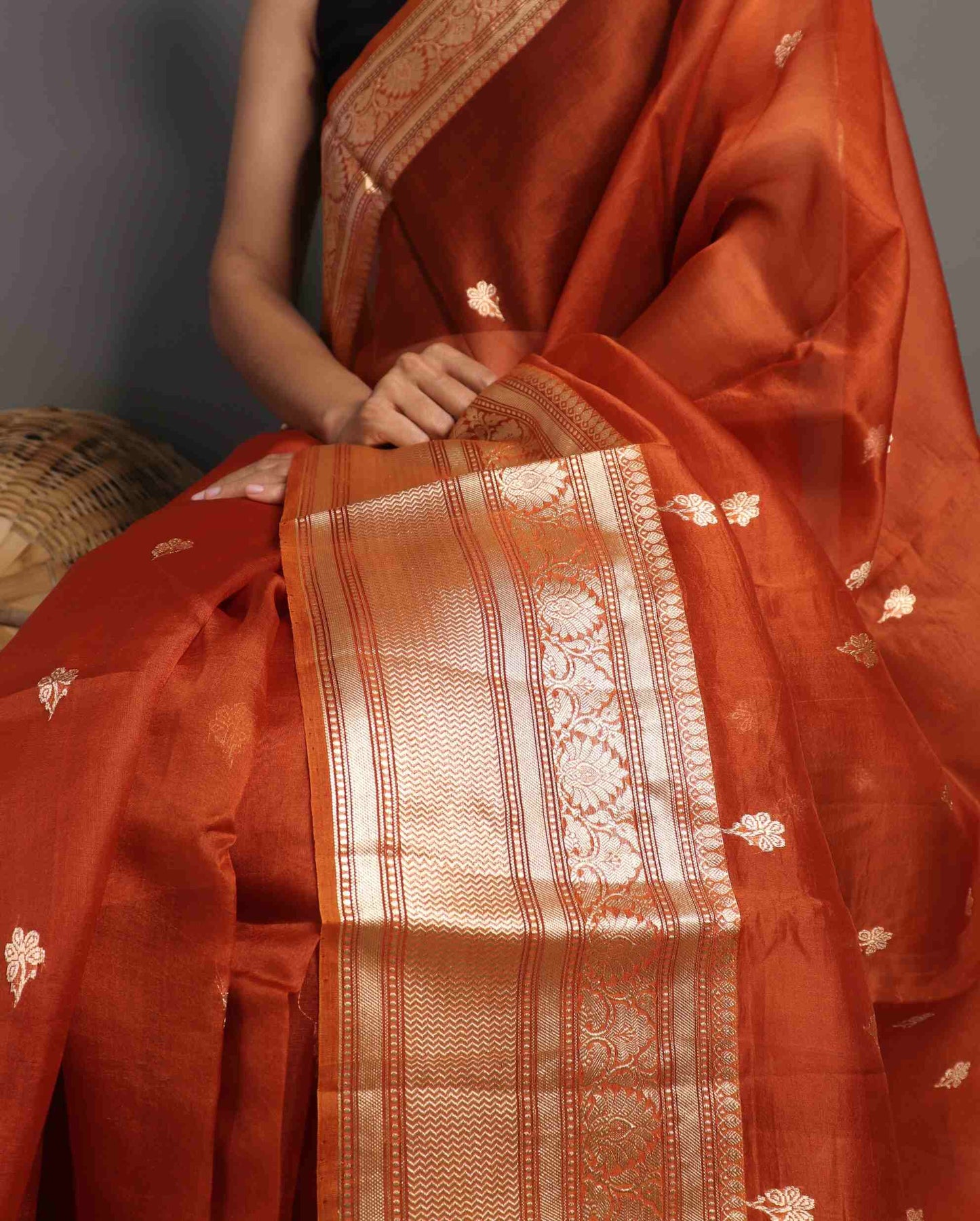 Orange Pure Handloom Kora Silk Banarasi Saree