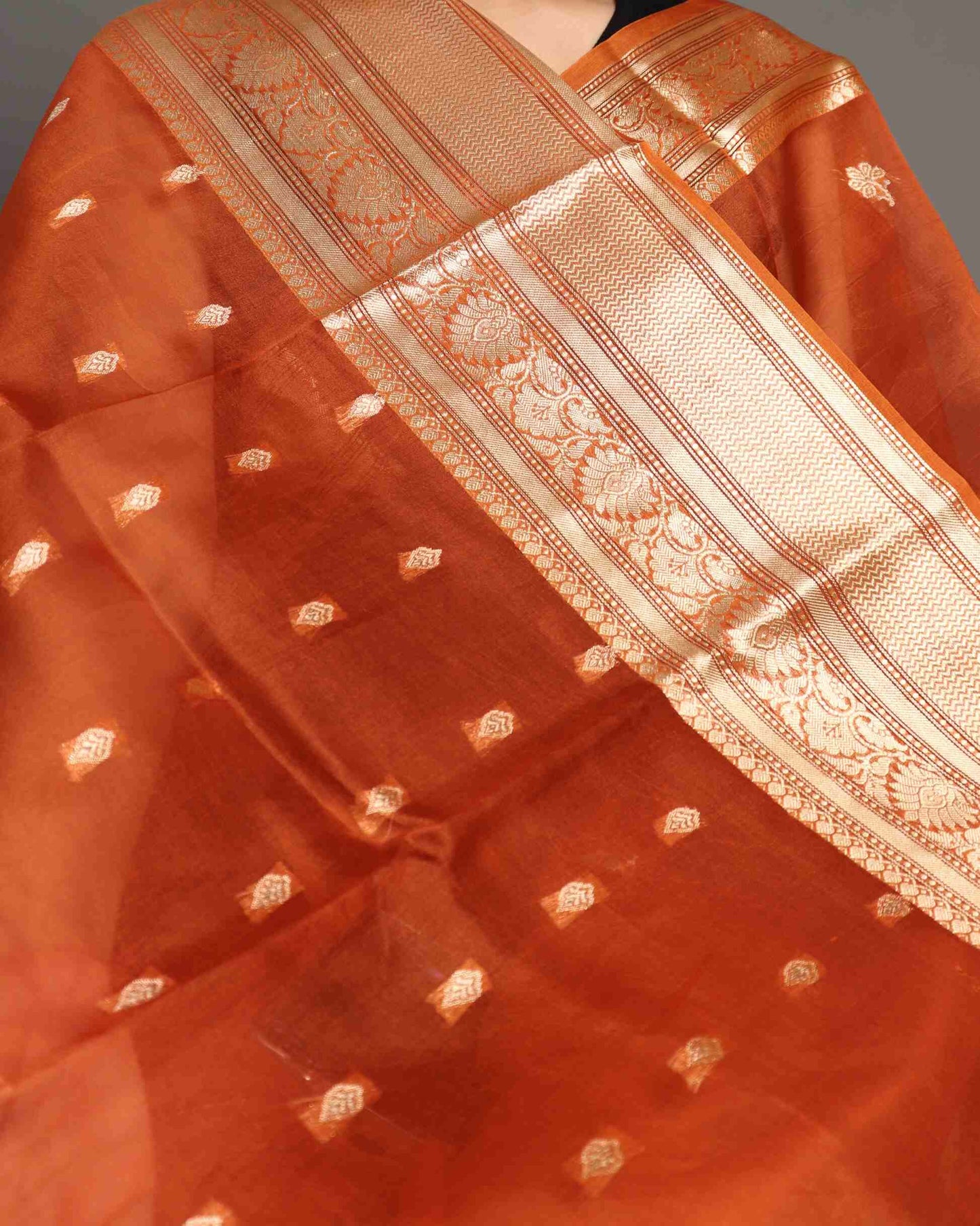 Orange Pure Handloom Kora Silk Banarasi Saree