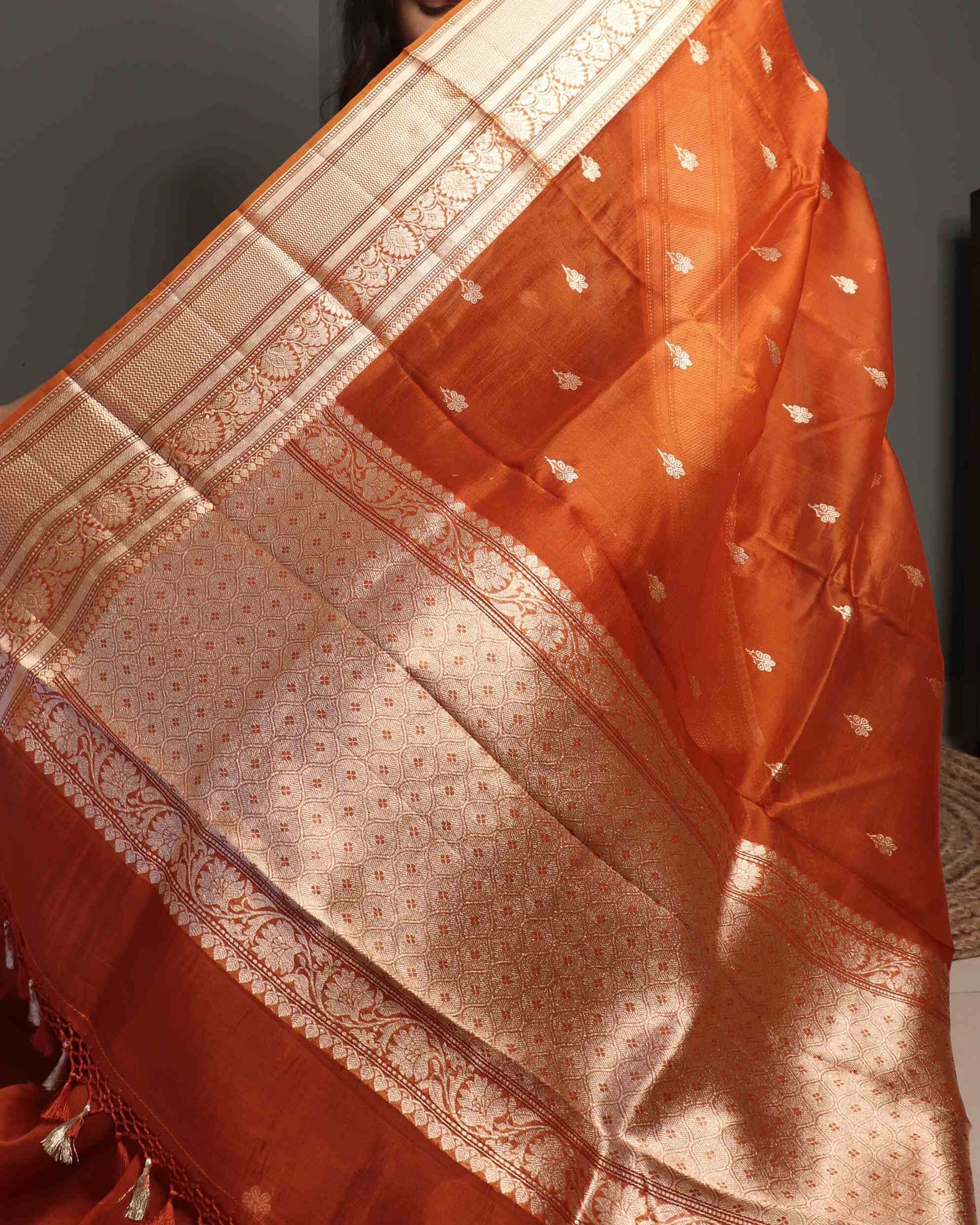 Orange Pure Handloom Kora Silk Banarasi Saree
