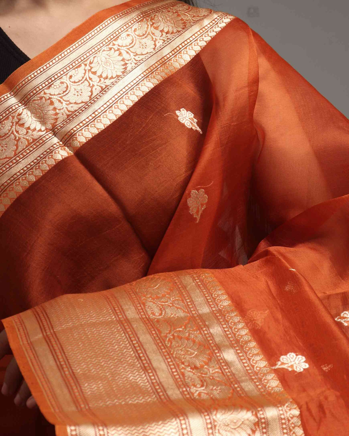 Orange Pure Handloom Kora Silk Banarasi Saree