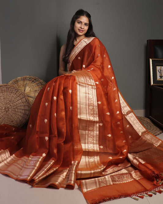 Orange Pure Handloom Kora Silk Banarasi Saree