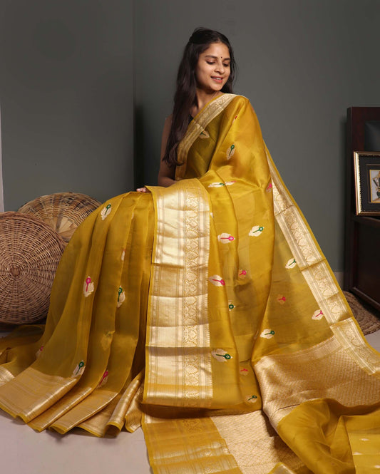 Olive Green Pure Handloom Kora Silk Banarasi Saree