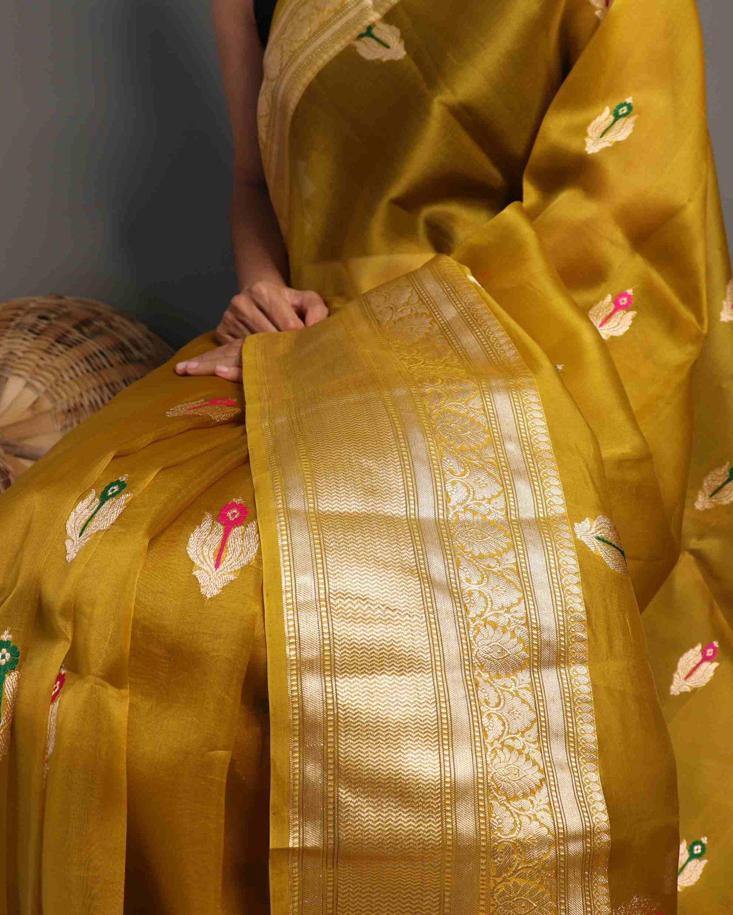 Olive Green Pure Handloom Kora Silk Banarasi Saree