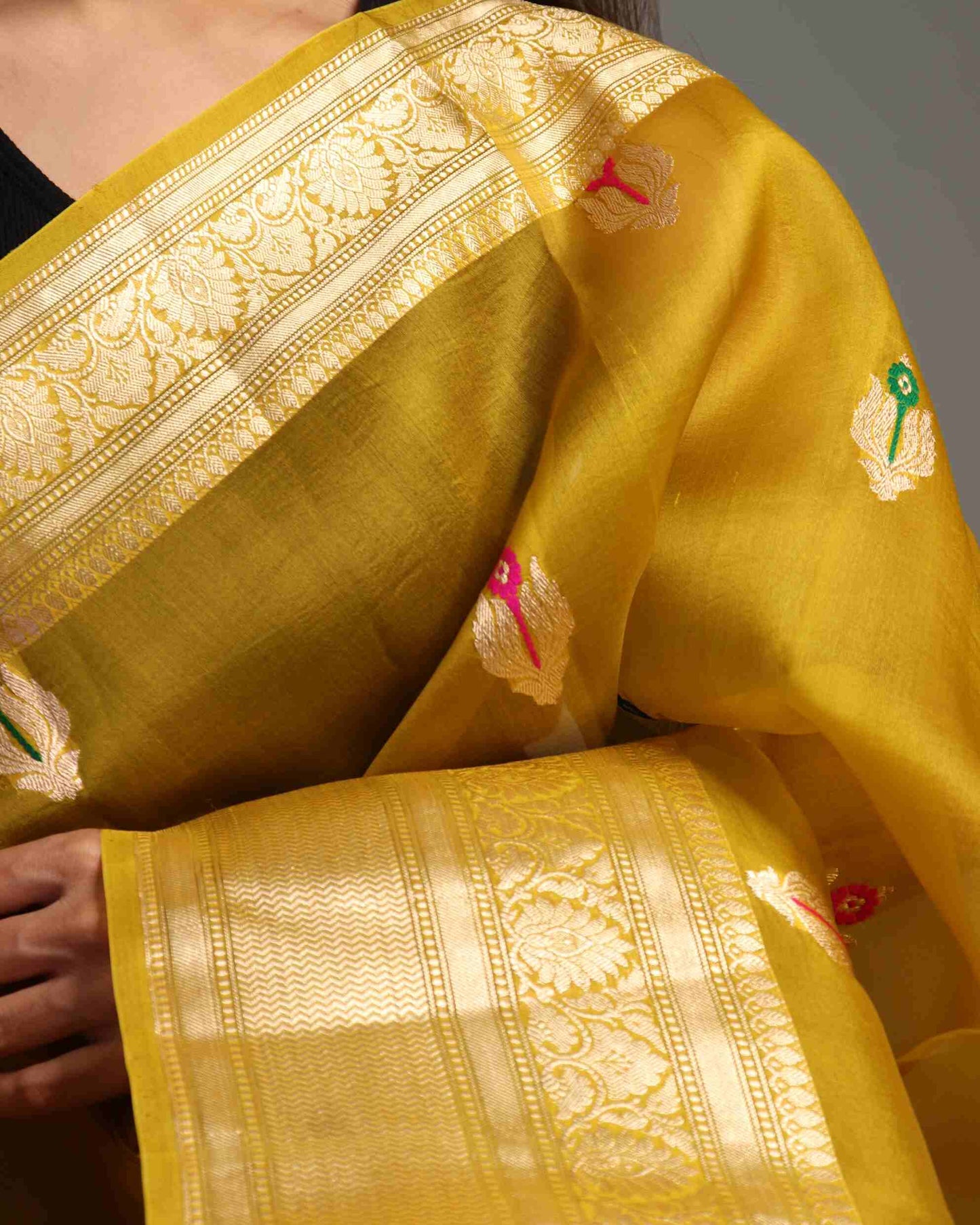 Olive Green Pure Handloom Kora Silk Banarasi Saree