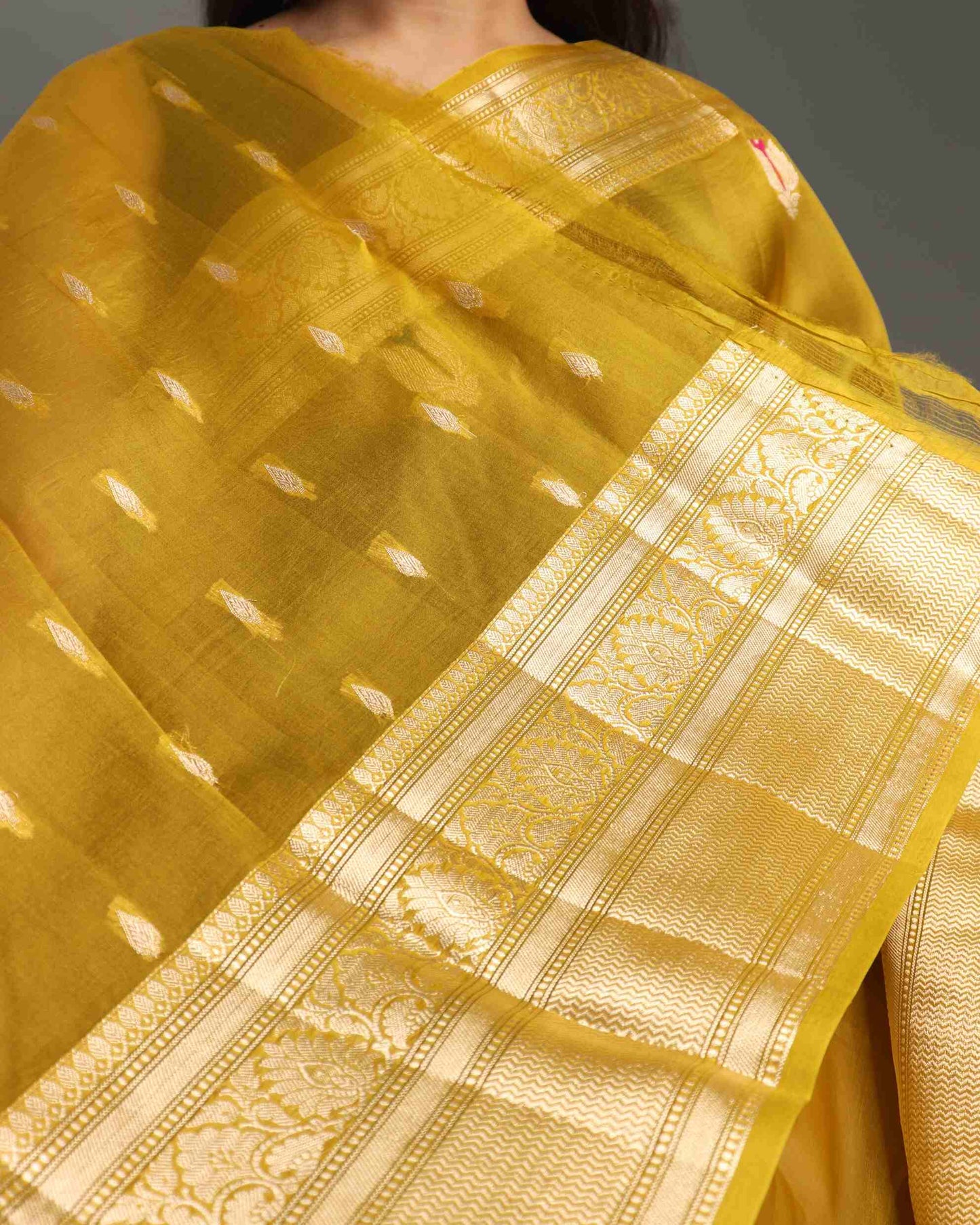 Olive Green Pure Handloom Kora Silk Banarasi Saree