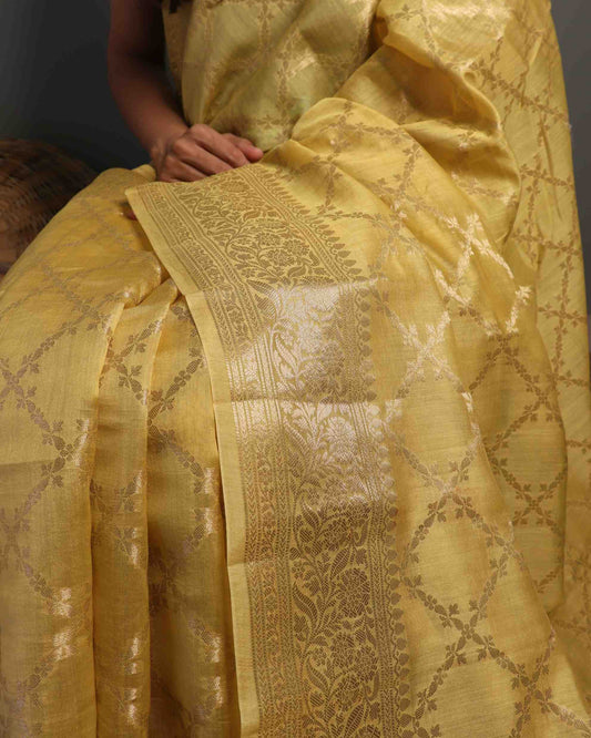 Mustard Yellow Pure Chanderi Silk Banarasi Saree