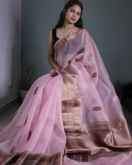 Baby Pink Pure Handloom Kora Silk Banarasi Saree